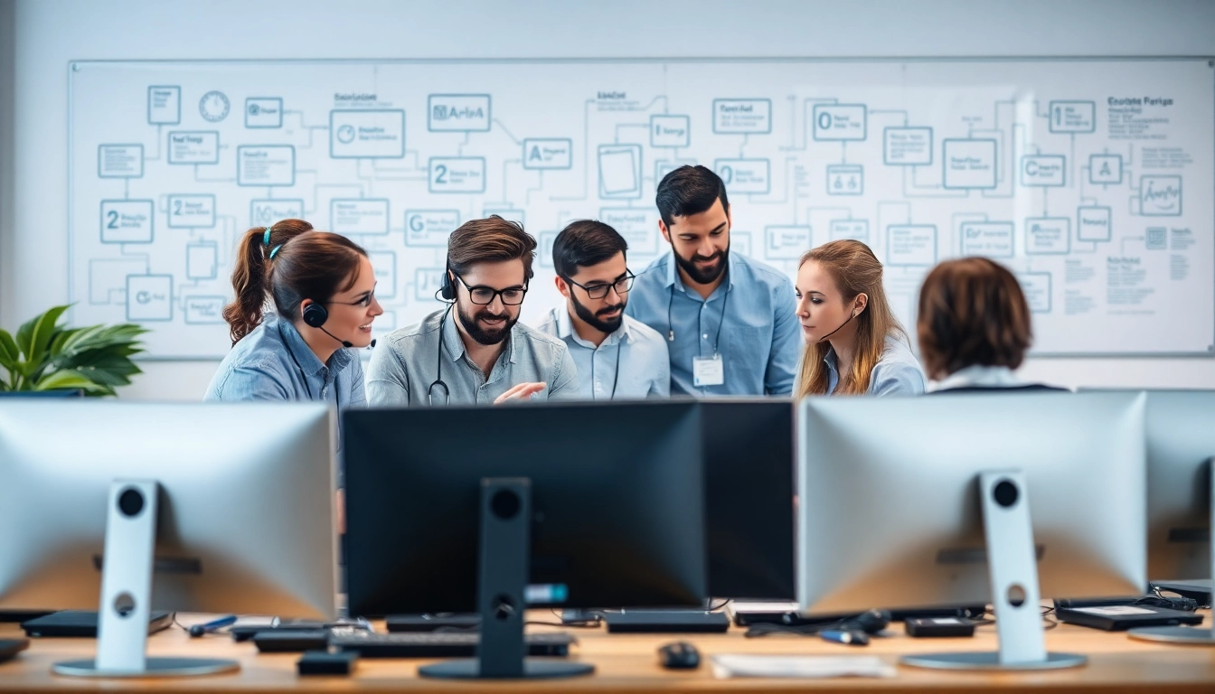 IT support service team working collaboratively to resolve technical issues in a modern office.