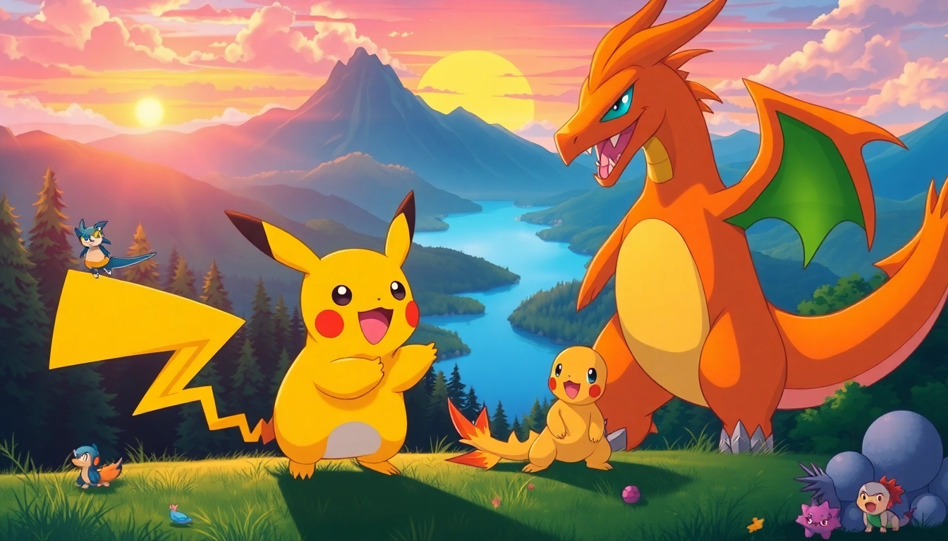 Engaging Pokémon scene with Pikachu and Charizard in a magical landscape.