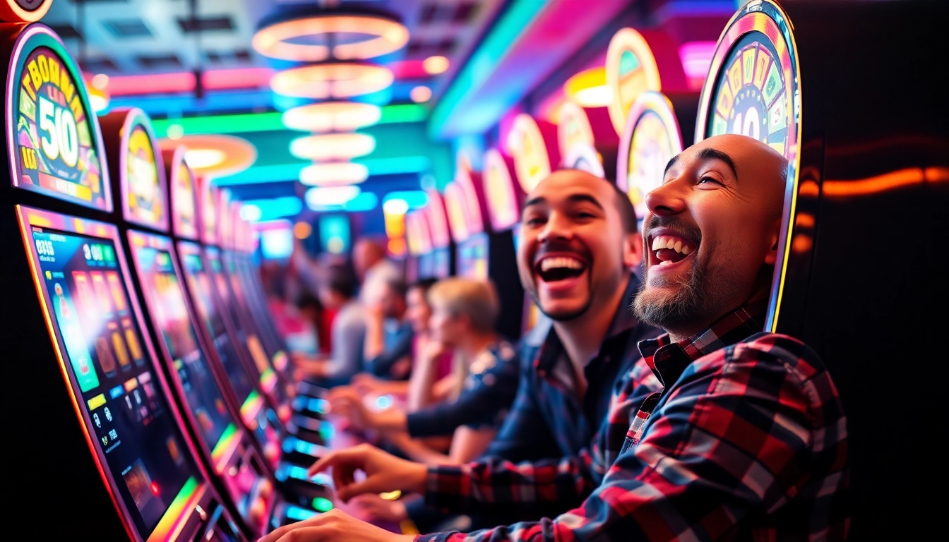 Menangkan game slot dengan suasana kasino yang ramai dan ceria, ditandai dengan pemain merayakan kemenangan.