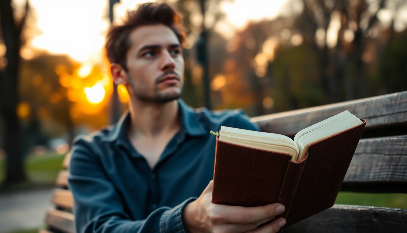 Person contemplating recovery after a relationship breakup while holding a journal in a park.