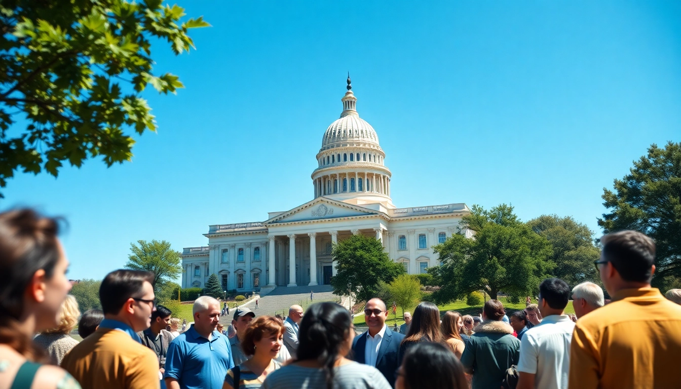 Engaging citizens discussing community issues at a state capital building.