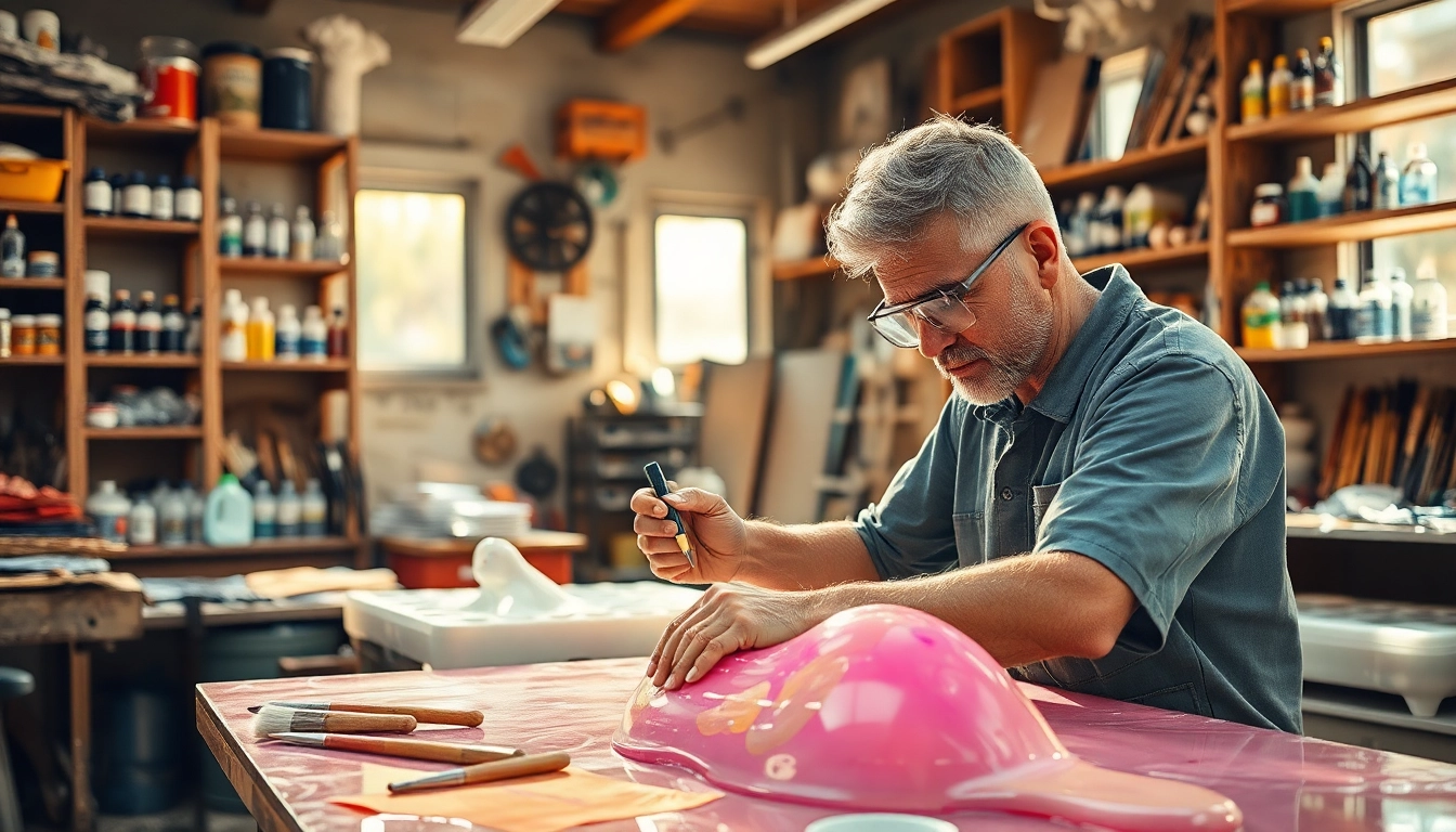Applying laminating resin expertly to fiberglass in a vibrant workshop environment.