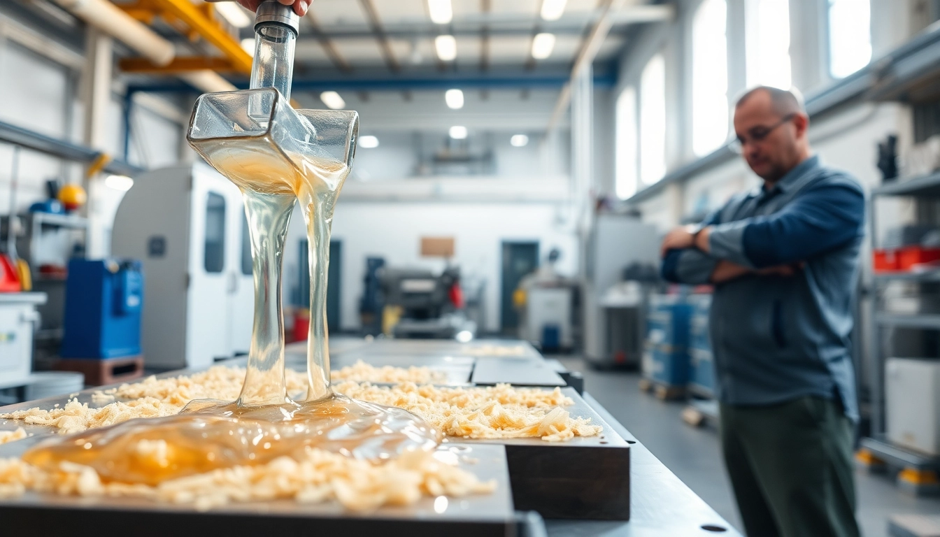 Applying laminating resin in a professional setting with tools and molds.