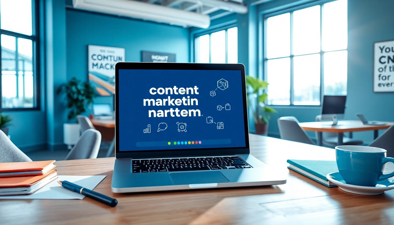 Showcase of an AI content marketing platform interface on a laptop within a creative office space.