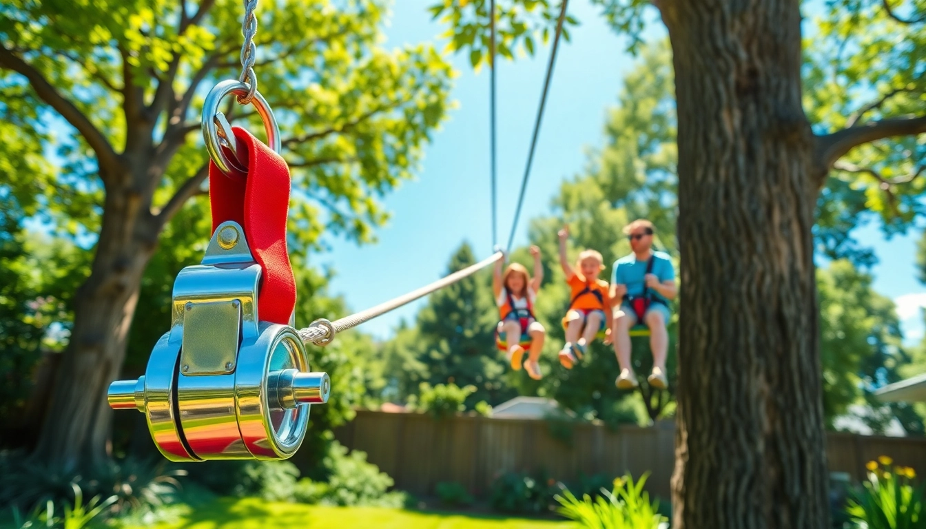 Exciting adventure with ZIP WIRE KIT for fun rides in a vibrant backyard setting.
