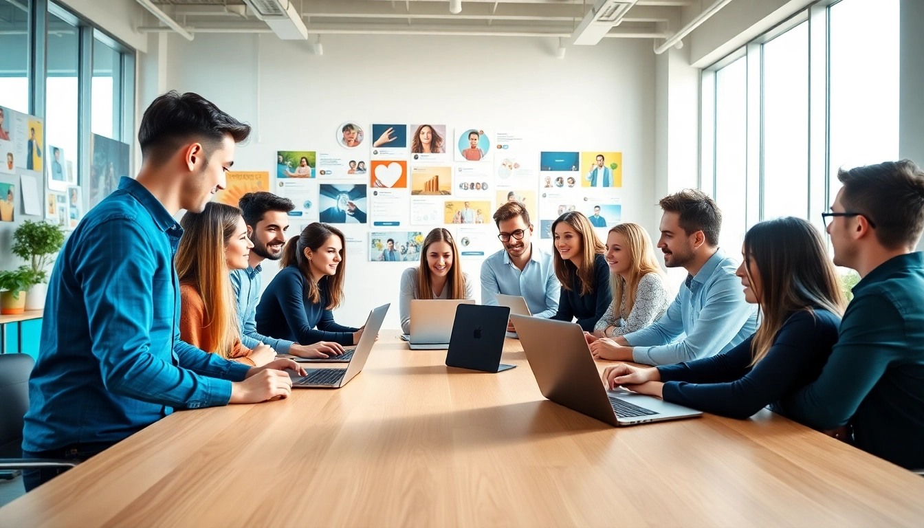 Social media management uitbesteden door een divers team dat samenwerkt in een frisse kantooromgeving.