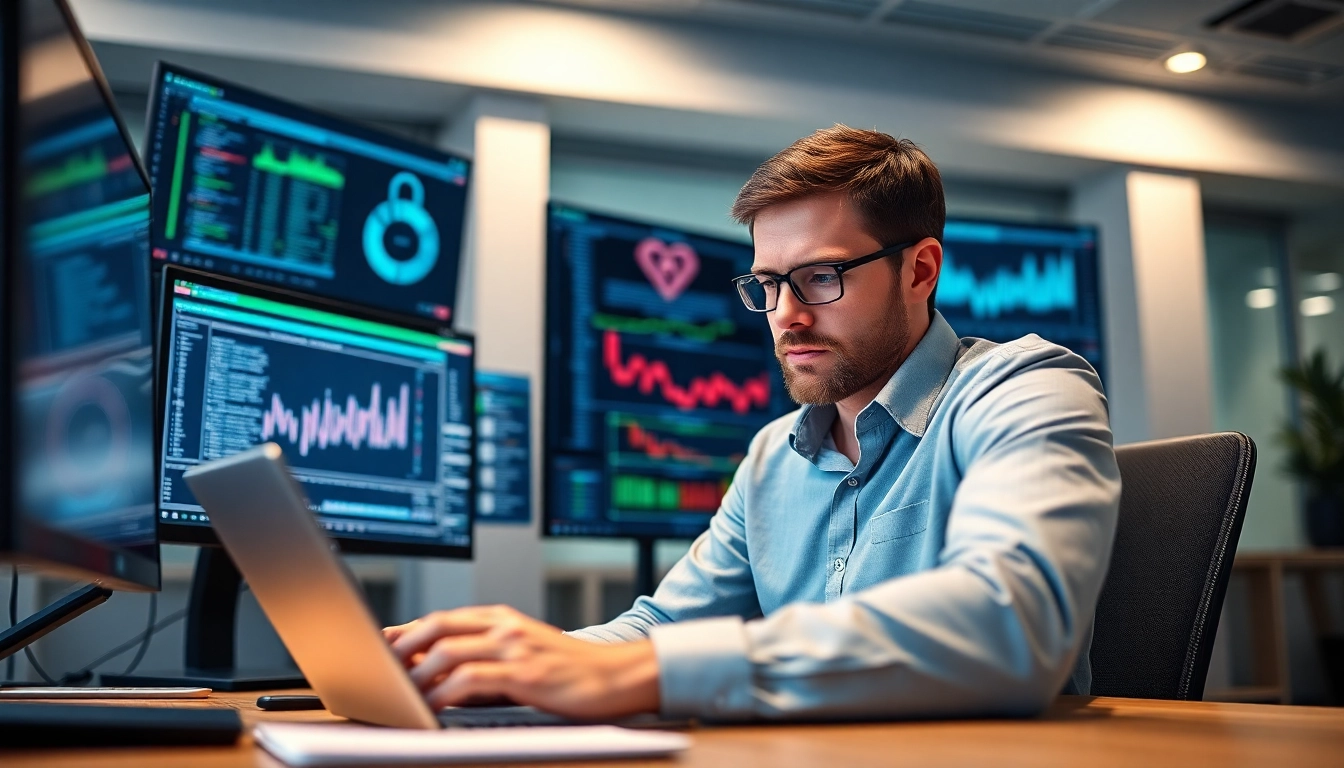 Penetrationstest durchführen in einem modernen Büro mit cybernetischen Sicherheitsanalysen.