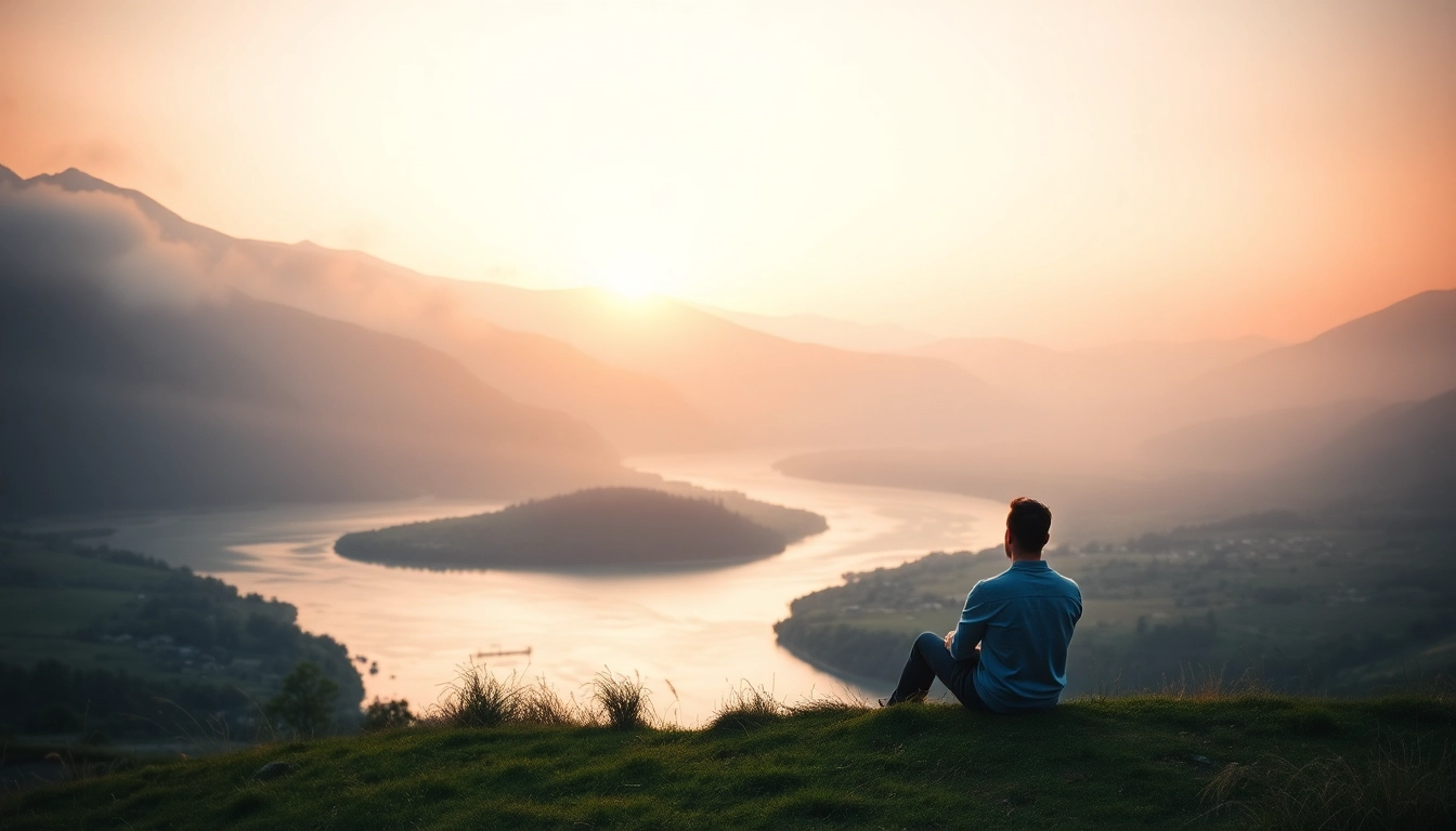 Person reflecting by a river while dealing with grief in a serene landscape.