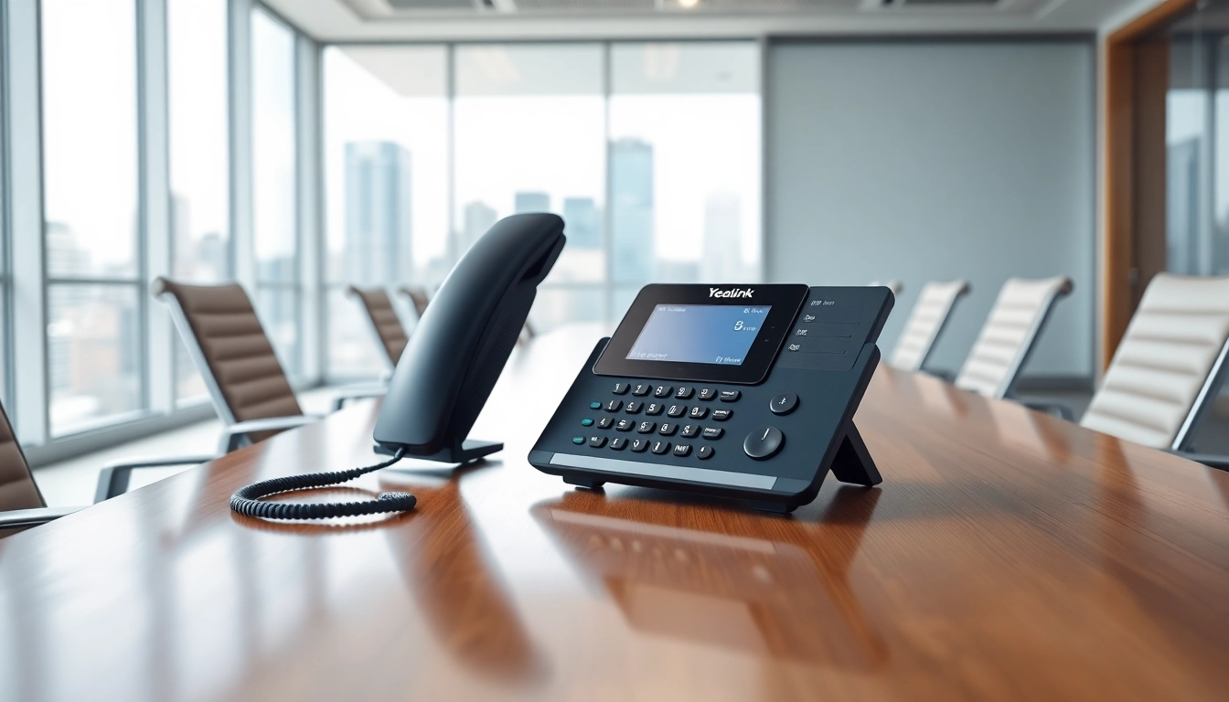 Engaging Yealink conference phone showcased on a modern office table with bright lighting.