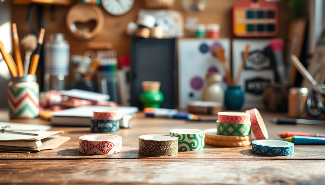 Showcasing vibrant custom washi tape rolls on a crafting table creating a creative vibe.