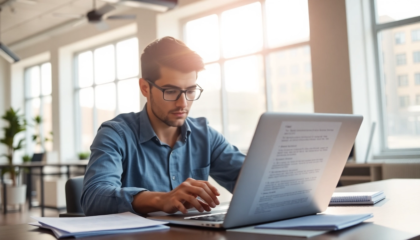 Analyze text with an AI checker in a bright, professional office setting.