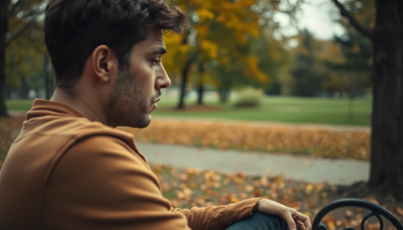 Person reflecting on a relationship breakup in a serene park with falling leaves.