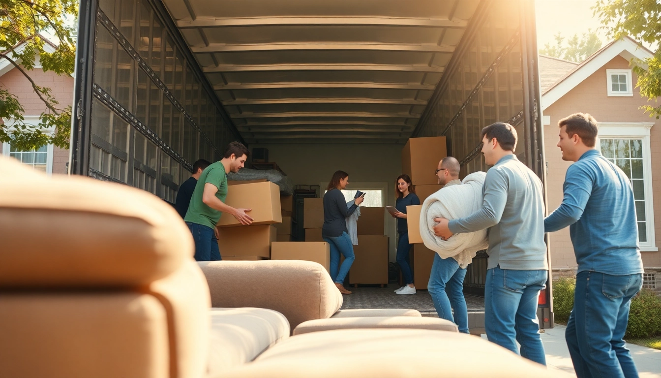 Efficient moving crew from bennettsmoving loading furniture into a truck in a sunny suburban setting.