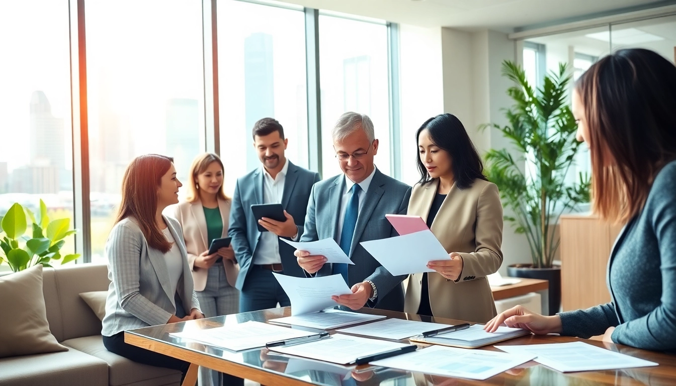 Immigration Consultant assisting clients with important documentation in a modern office.