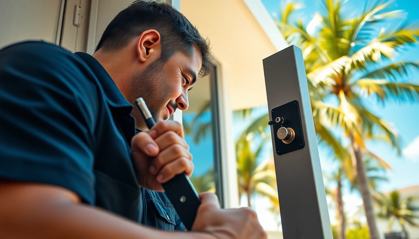 Locksmith Miami technician repairing a door lock in a bright Miami setting.