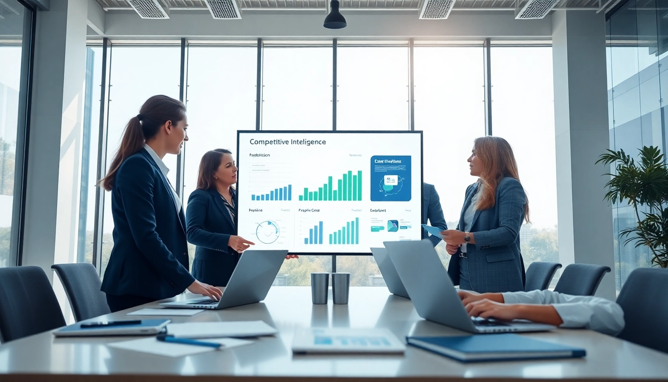Analyze competitive intelligence metrics with a professional team in a modern office.