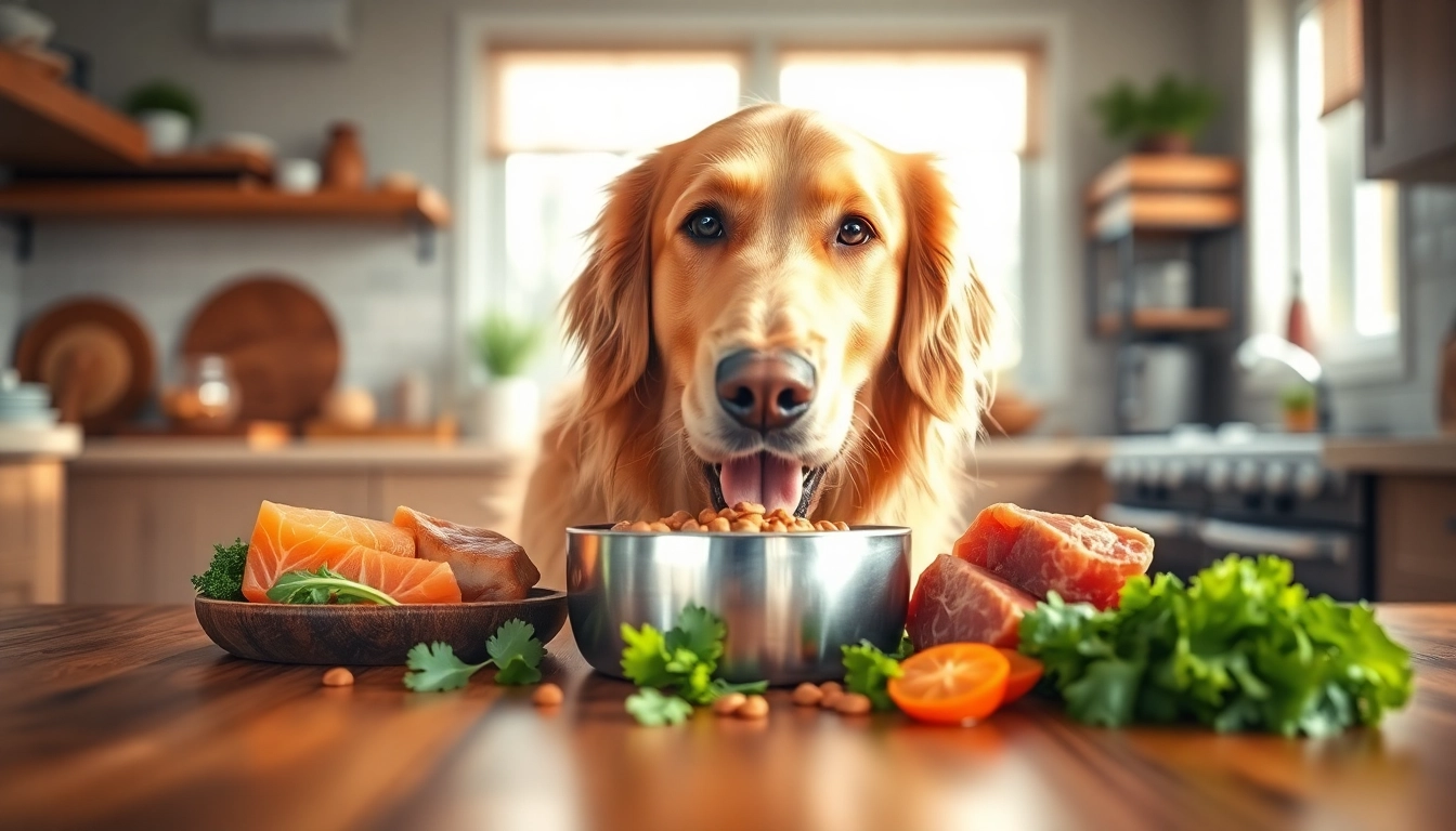 Dog enjoying badlands ranch dog food canada in a bright, inviting kitchen with fresh ingredients.