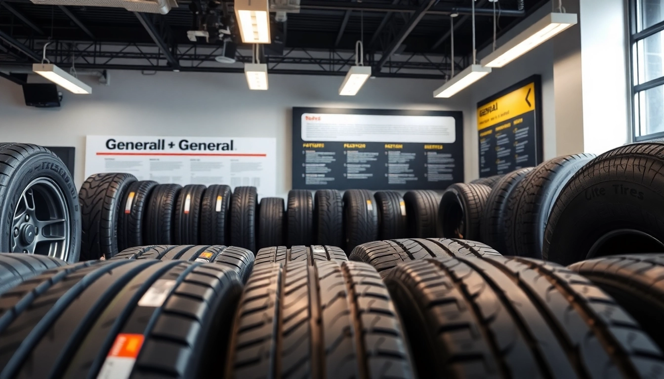 Browse General tires in a professional automotive showroom with various tire types on display.