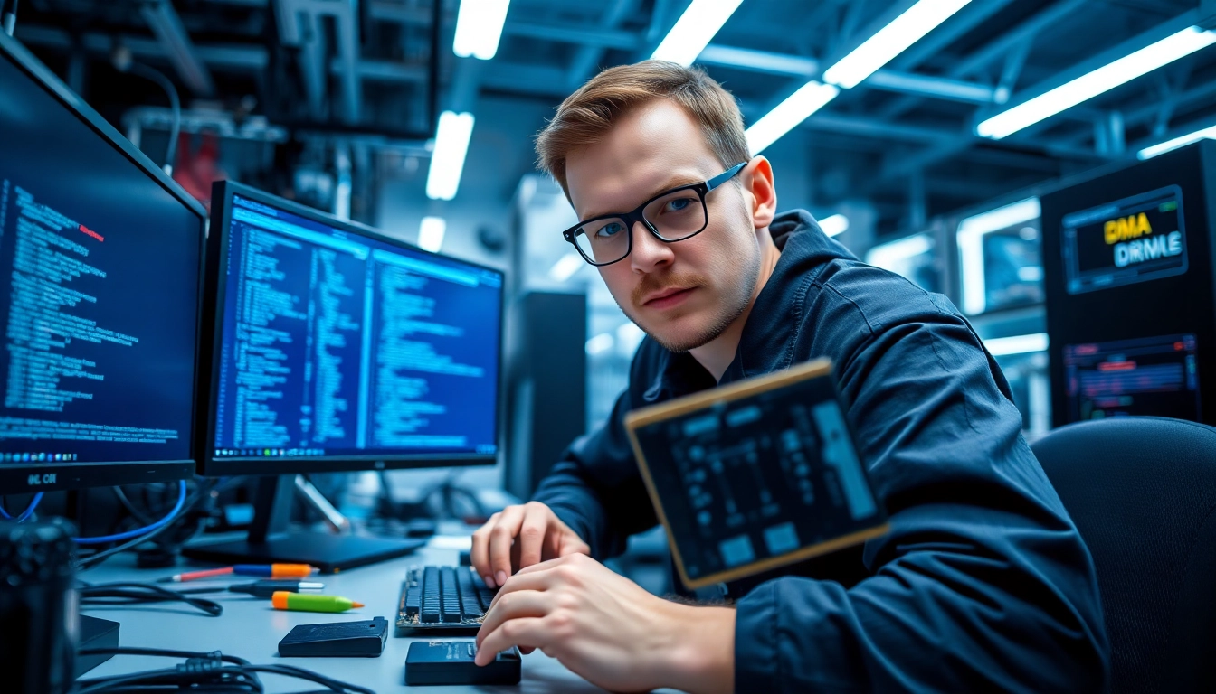 Technician programming dma firmware for a DMA card in a high-tech lab setting.
