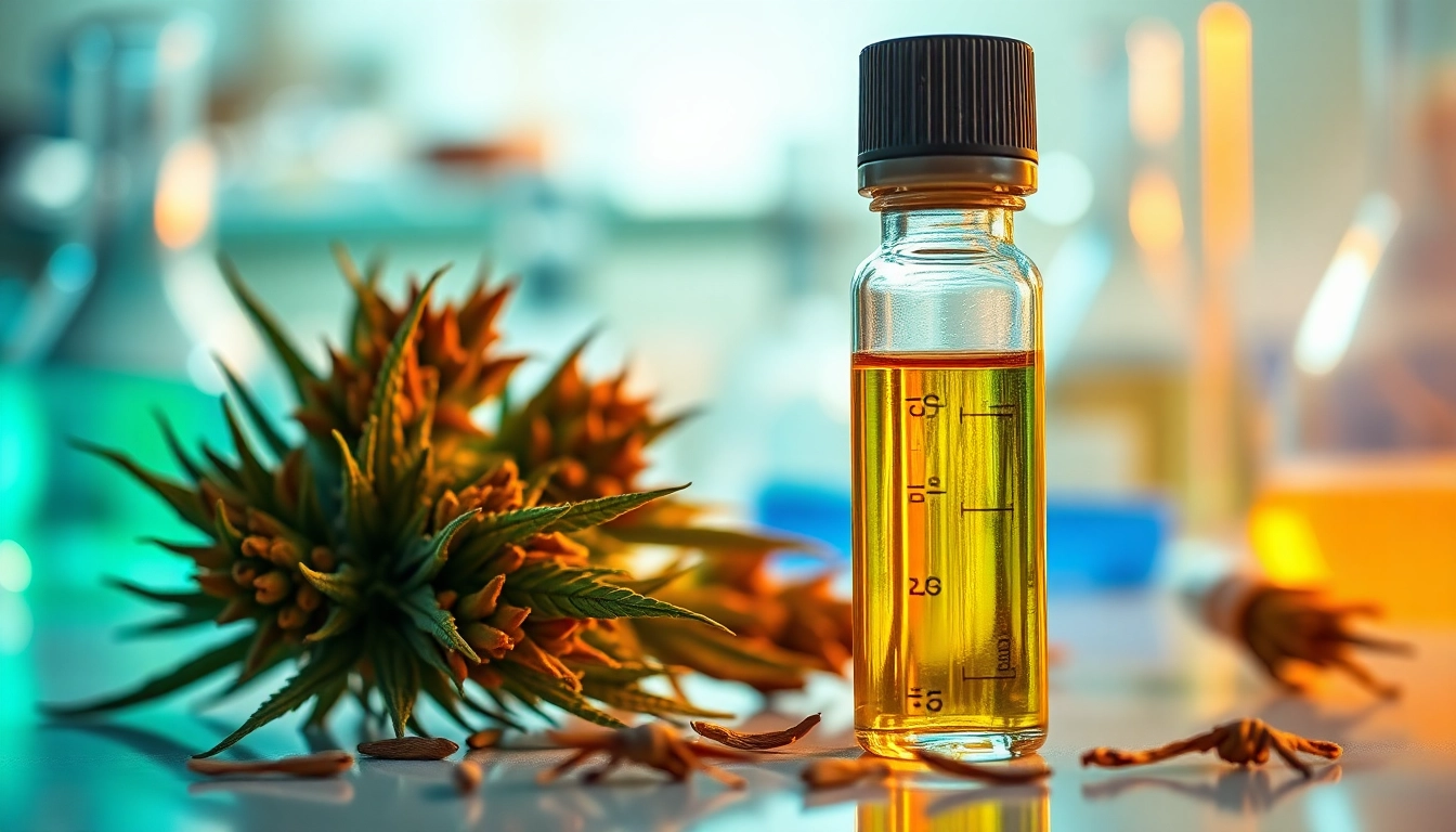 Illustration of synthetic cannabinoids in a laboratory with vibrant plant materials and glass vials.