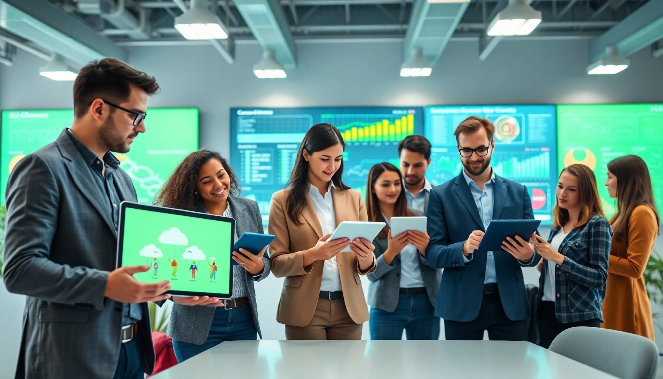 Showcasing cloud infrastructure and DevOps services with a team collaborating in a modern office environment.