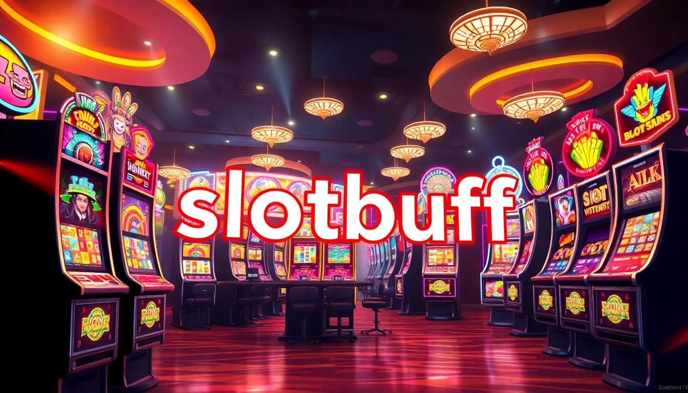 slotbuff의 활기찬 카지노 환경을 보여주는 슬롯 머신 일러스트
