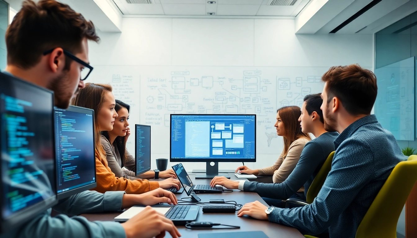 Engaged team discussing cloud infrastructure and DevOps services in a modern office setting.