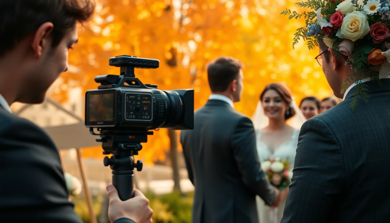 Edmonton videographer capturing a joyous wedding moment surrounded by vibrant autumn colors.