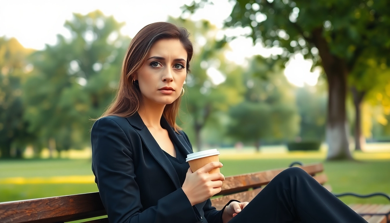 Woman reflecting on her relationship breakup in a peaceful park setting.