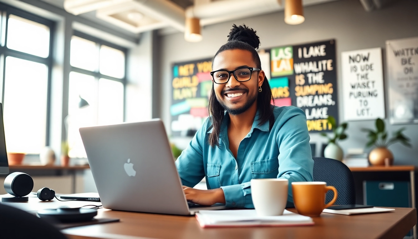Innerpreneur confidently working in a vibrant office space with a vision board.