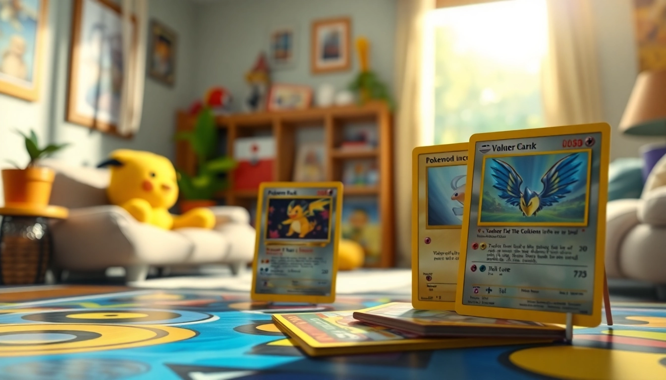 Showcasing real Pokemon cards in a vibrant gaming room, highlighting rarity and excitement