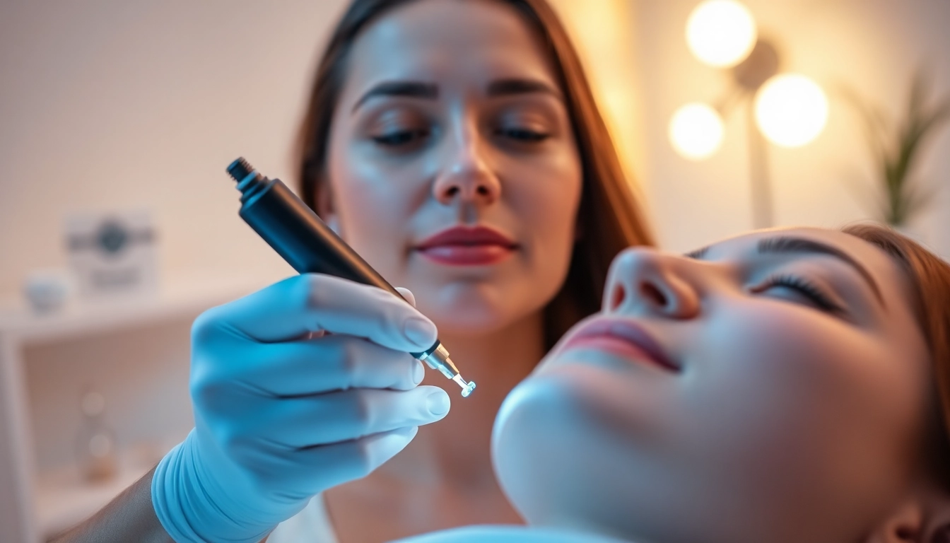 RF microneedling procedure performed by an experienced aesthetician on a patient in a calming clinic.