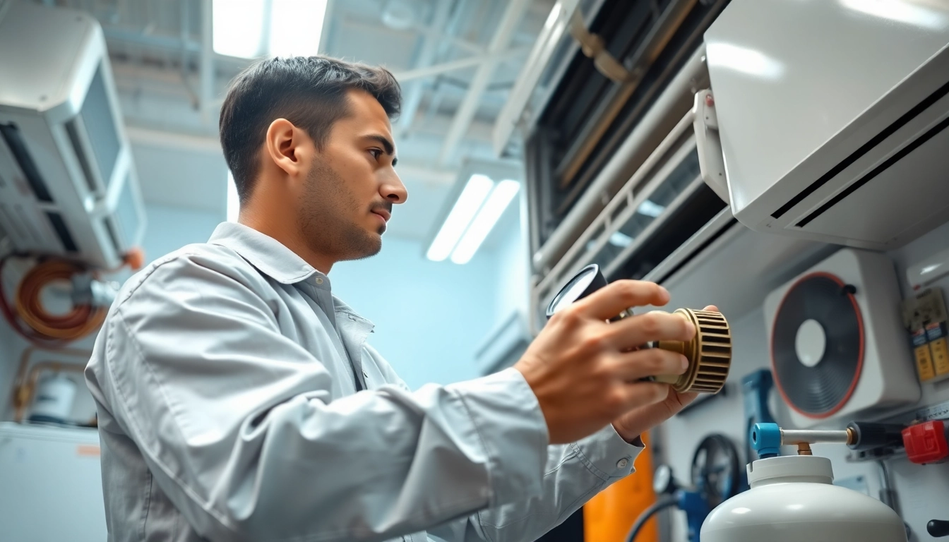 Technician performing ac repair mesa az in a clean workshop with tools and equipment.