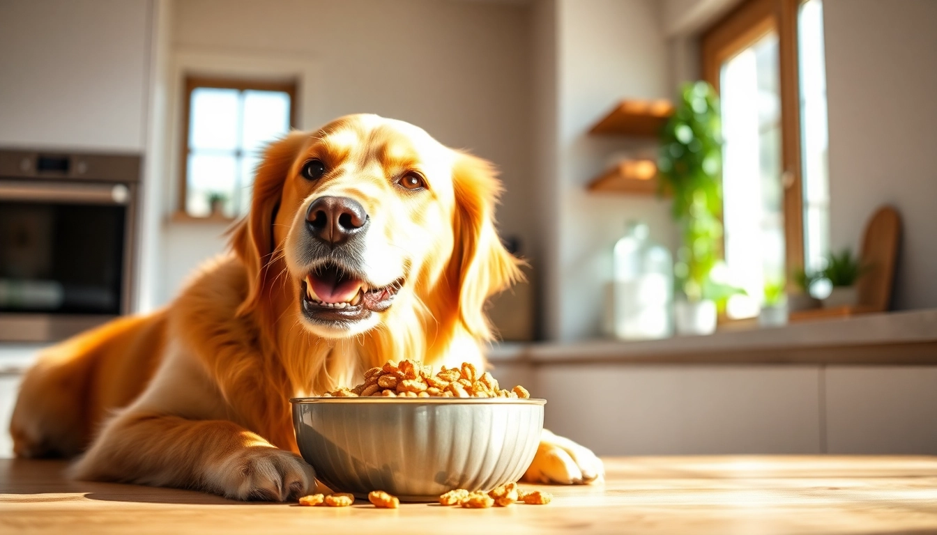 A golden retriever enjoying dr marty pet food canada in a bright kitchen setting.