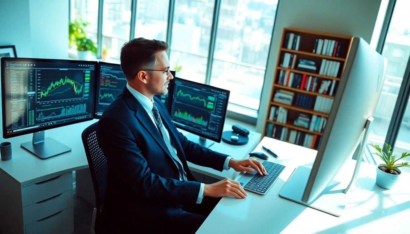 Investor examining charts for artificial intelligence stock picks in a modern office.