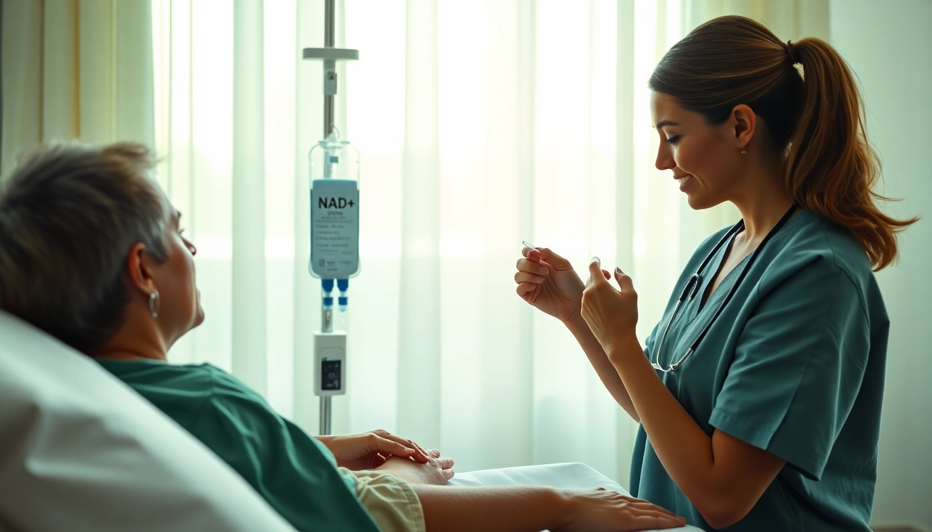 NAD+ IV therapy near me: nurse providing IV infusion in a calming treatment room.