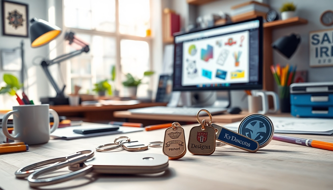 Create a unique keychain custom design featuring vibrant colors and various materials on a creative workspace.