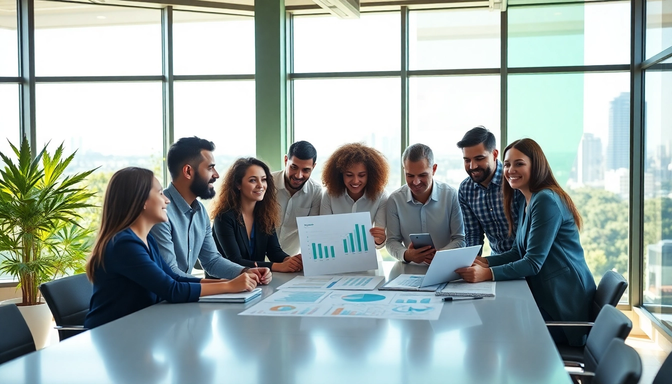 Engaged professionals at a cannabis marketing agency collaborating in a bright, modern office.