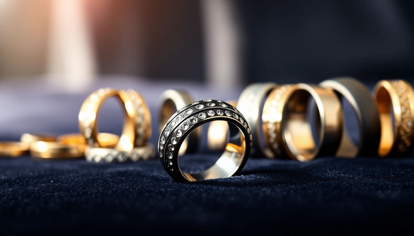 Showcasing unique men's wedding bands in elegant styles and materials on a velvet background.