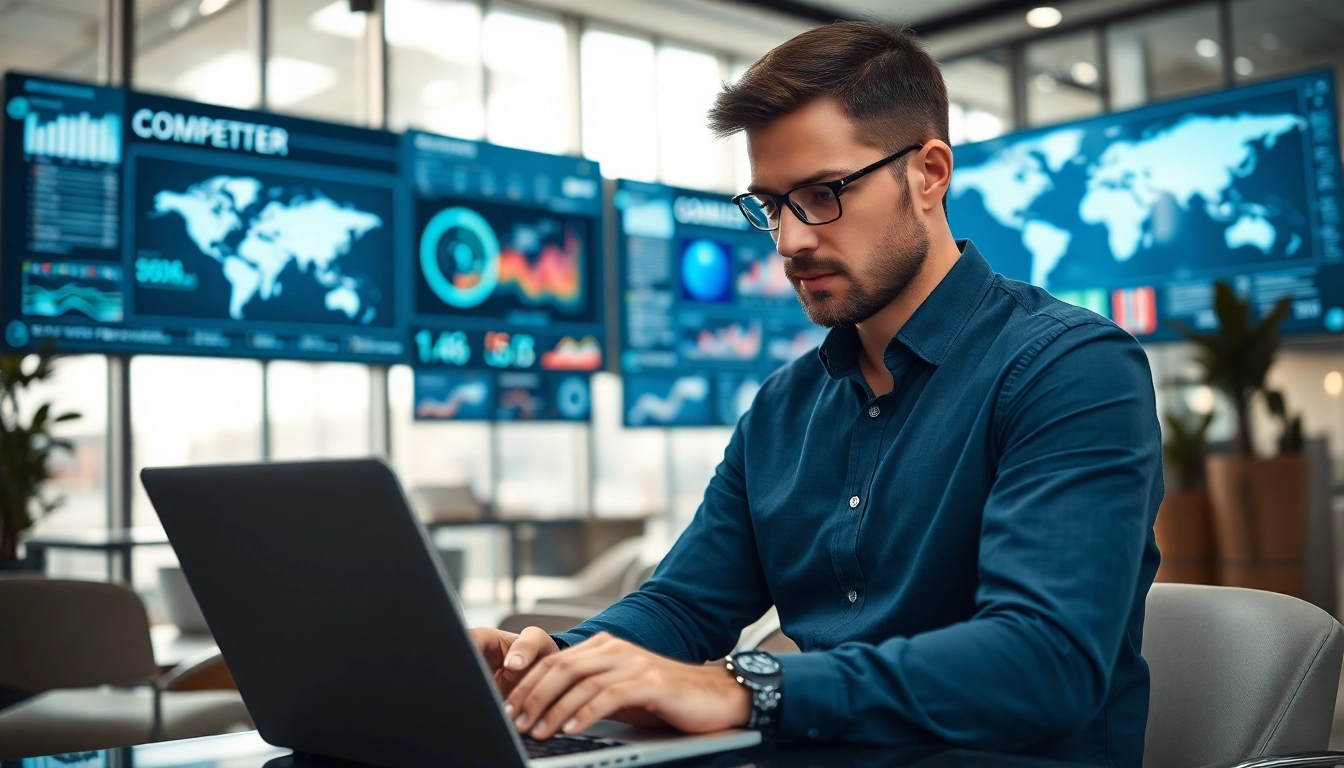 Analyze competitive intelligence data in a professional office setting with digital screens.