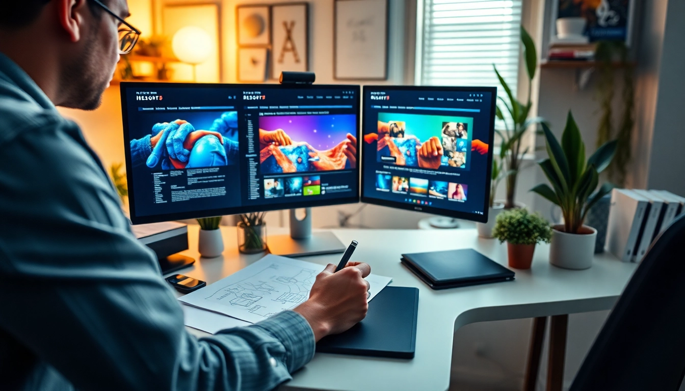 Create a vibrant website design with a designer focused on digital mockups and sketches.