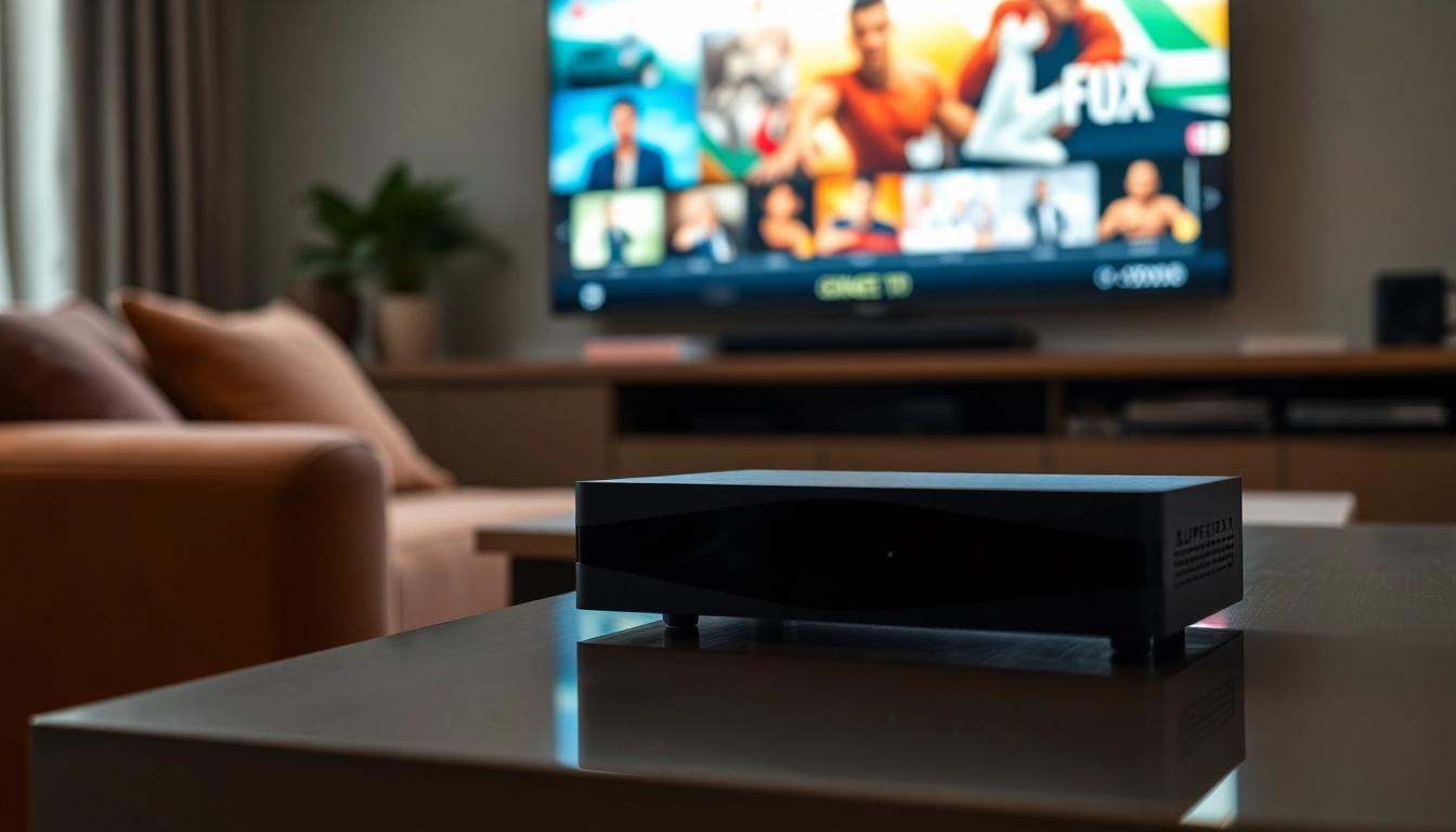 Showcase of the superbox tv box on an entertainment unit highlighting its design and streaming capabilities.