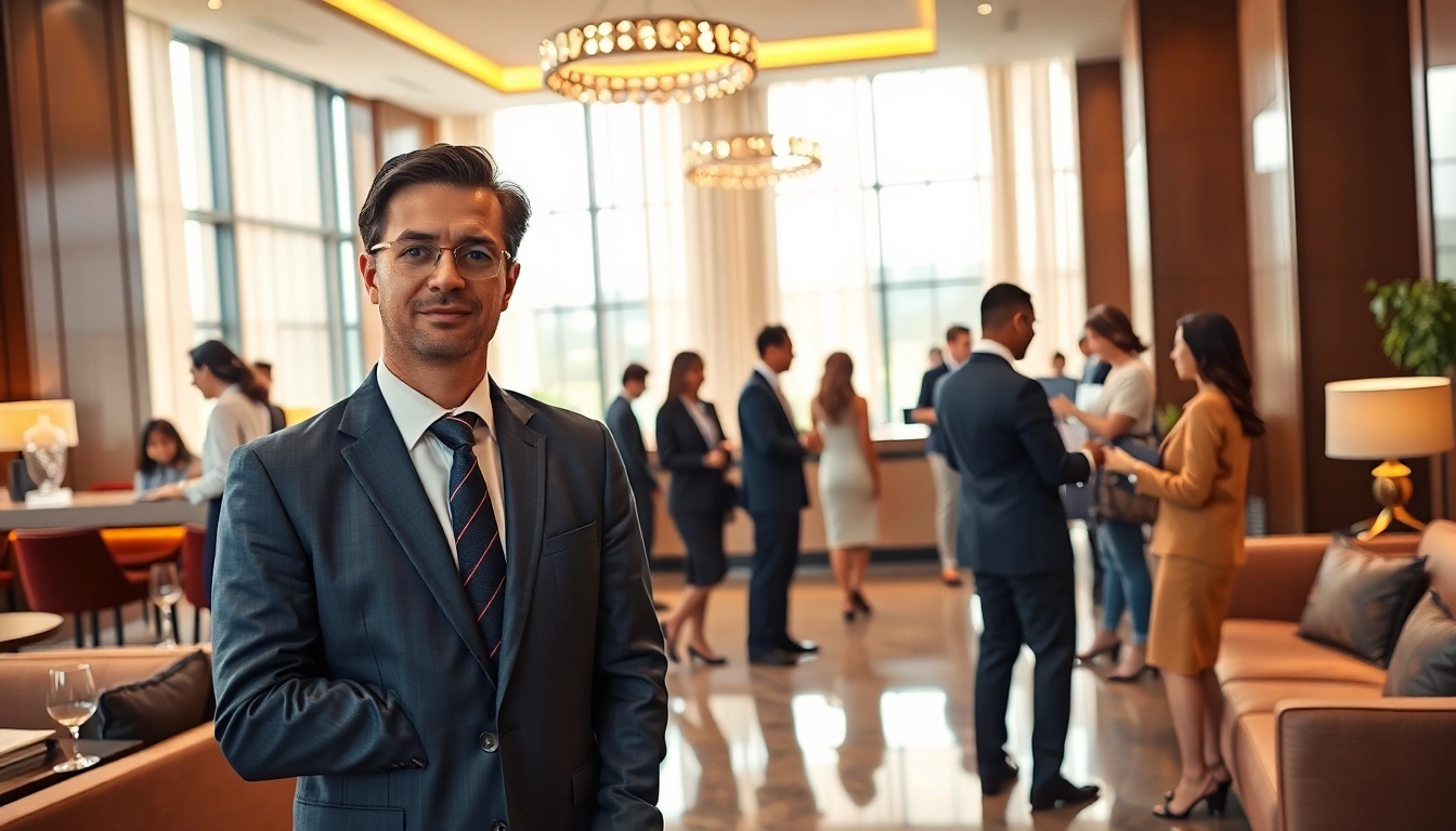 Showcasing hotel management, a professional manager guides a diverse team in a modern hotel.