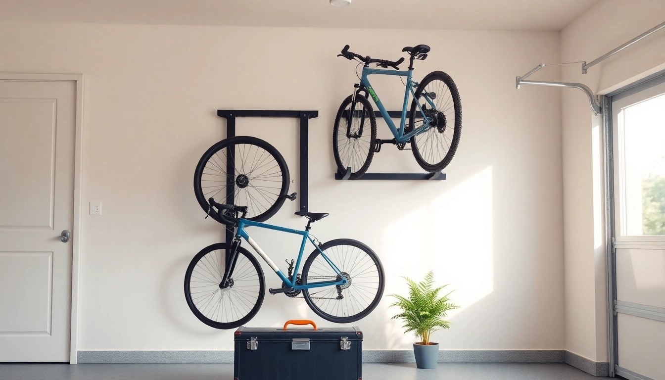 Showcase of wall-mounted bike storage holding multiple bicycles in a well-organized garage setting.
