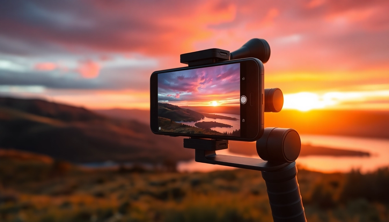 Capture stunning visuals with a gimbal for iPhone against a scenic sunset background.