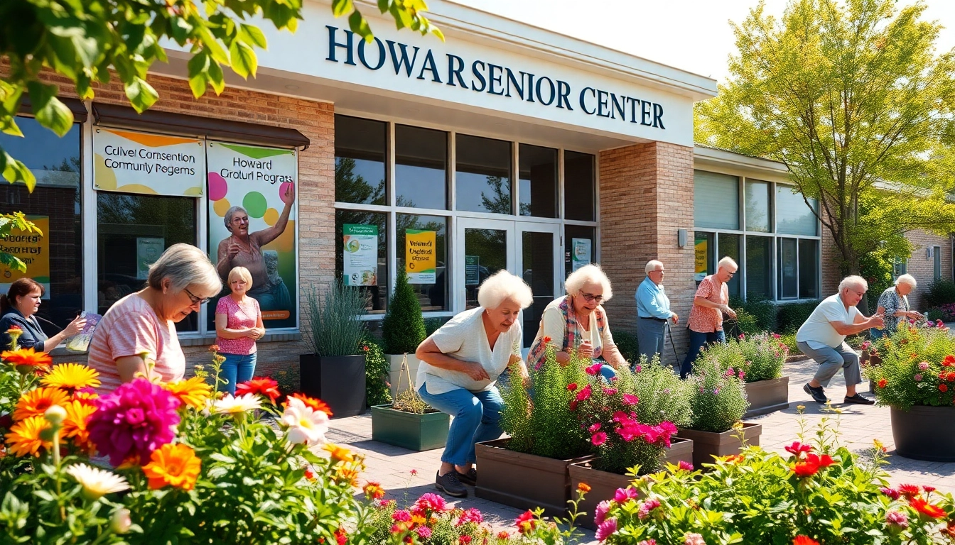 Active seniors at the Howard Lieburn Senior Center enjoying gardening activities in a vibrant setting.
