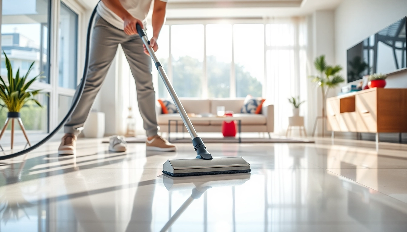 Bond cleaning service highlighting a professional cleaner in a pristine apartment.