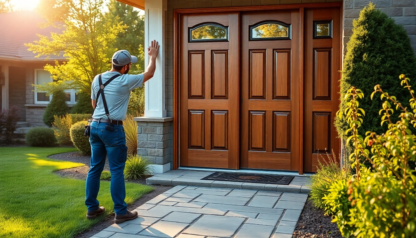 Door Replacement Tigard Oregon installation showcasing a professional worker and a stylish new door.