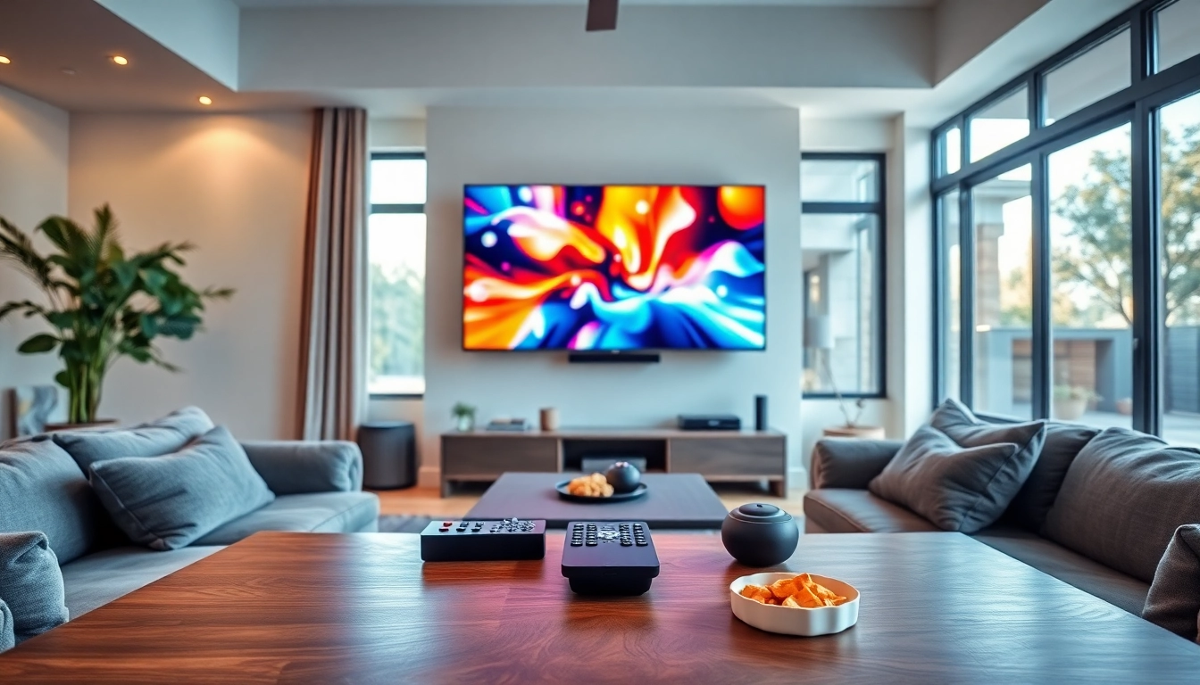 Compra IPTV en un ambiente moderno con un televisor de pantalla plana y una atmósfera acogedora.
