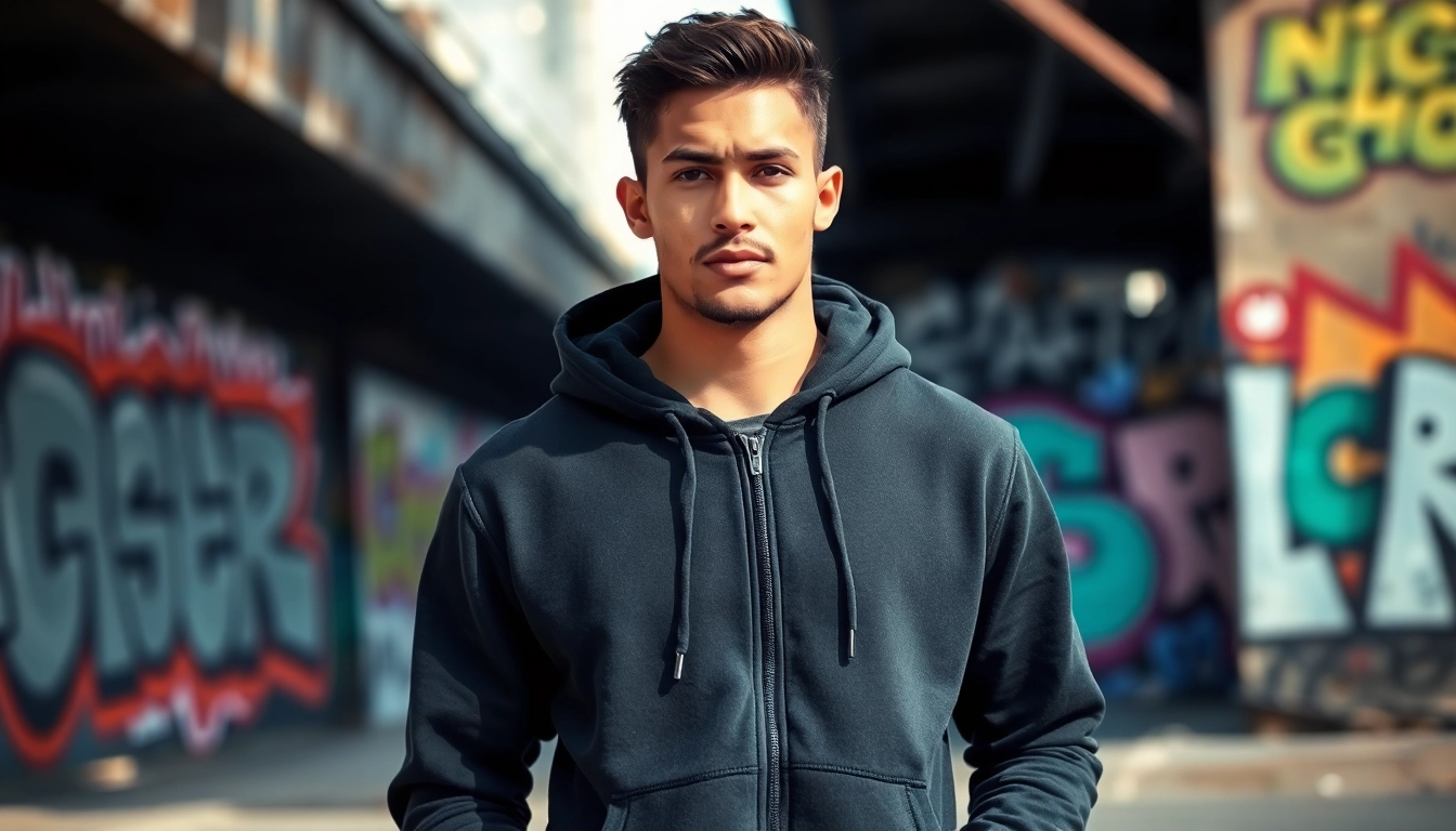 Model showcasing a stylish black zip up hoodie in an urban setting.